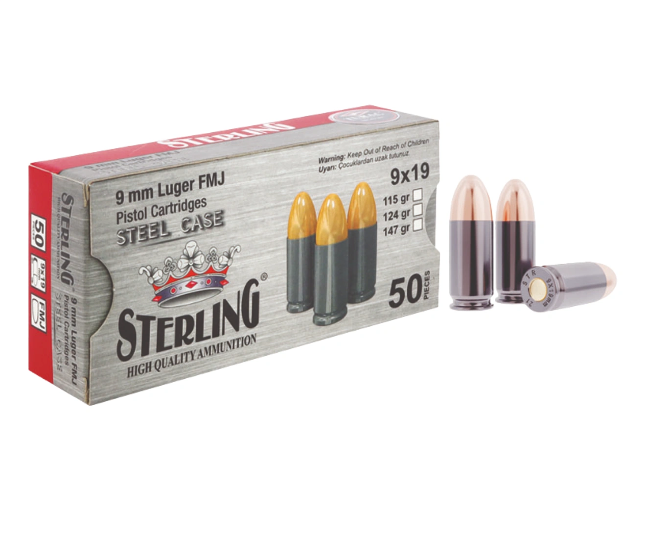 STERLING 9X19 LUGER ÇELİK KOVAN FMJ 115 GRAİN TABANCA MERMİSİ